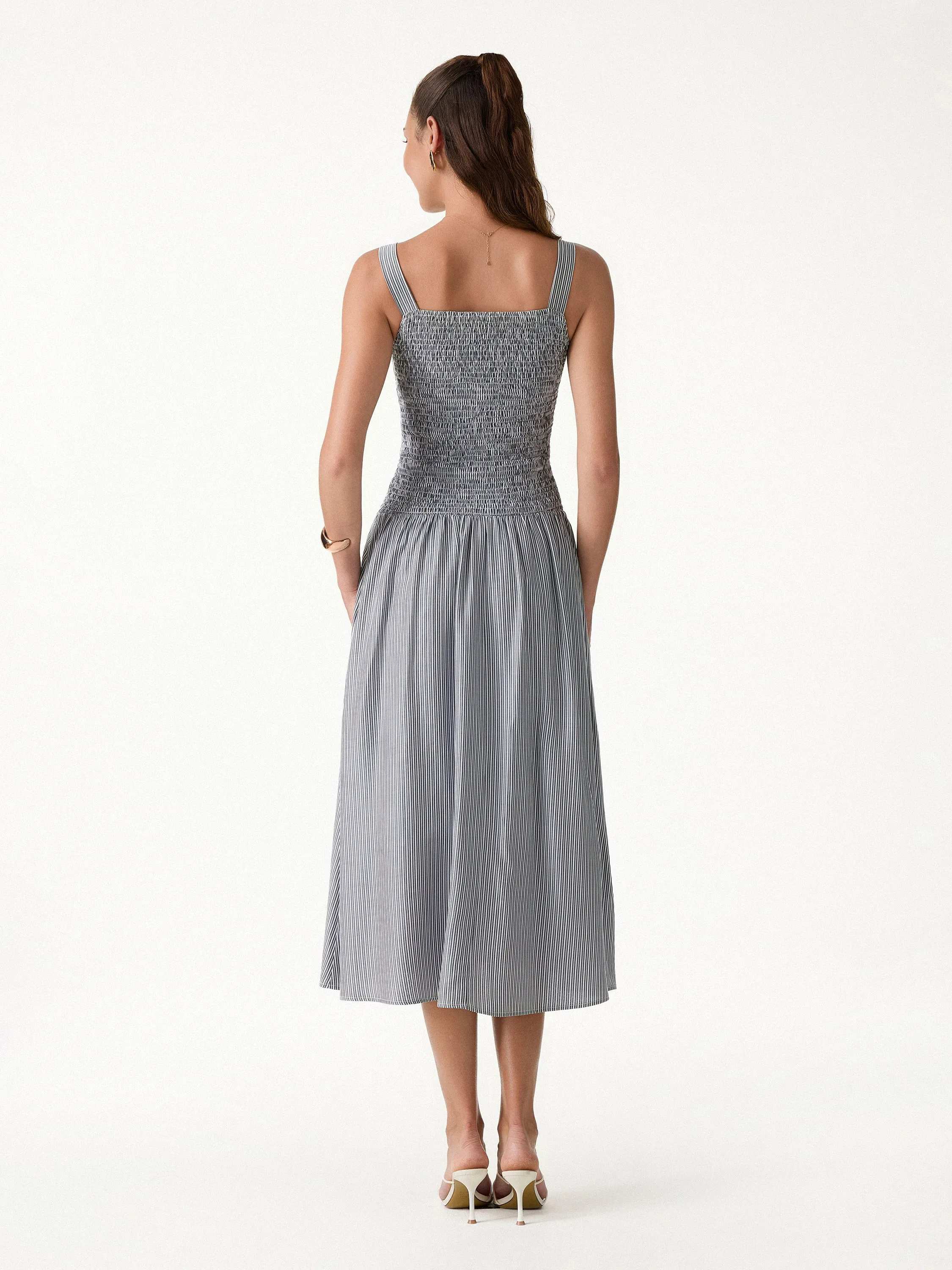 Striped Poplin Square Neck Smocked Midi Bra Dress sold by OGLmove product image thumbnail 4