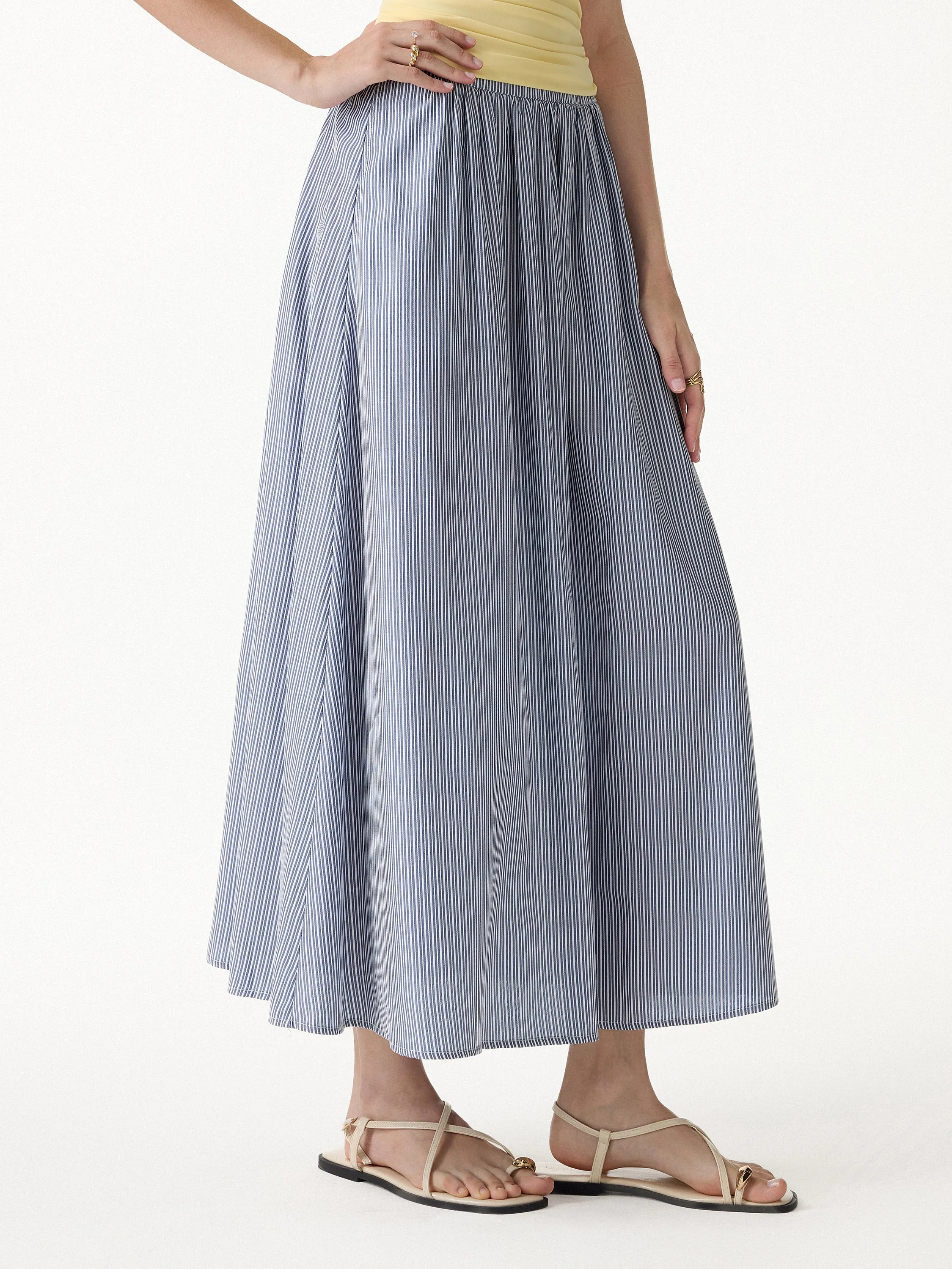 Striped Poplin High Rise Umbrella Midi Skirt with Pockets sold by OGLmove product image thumbnail 3