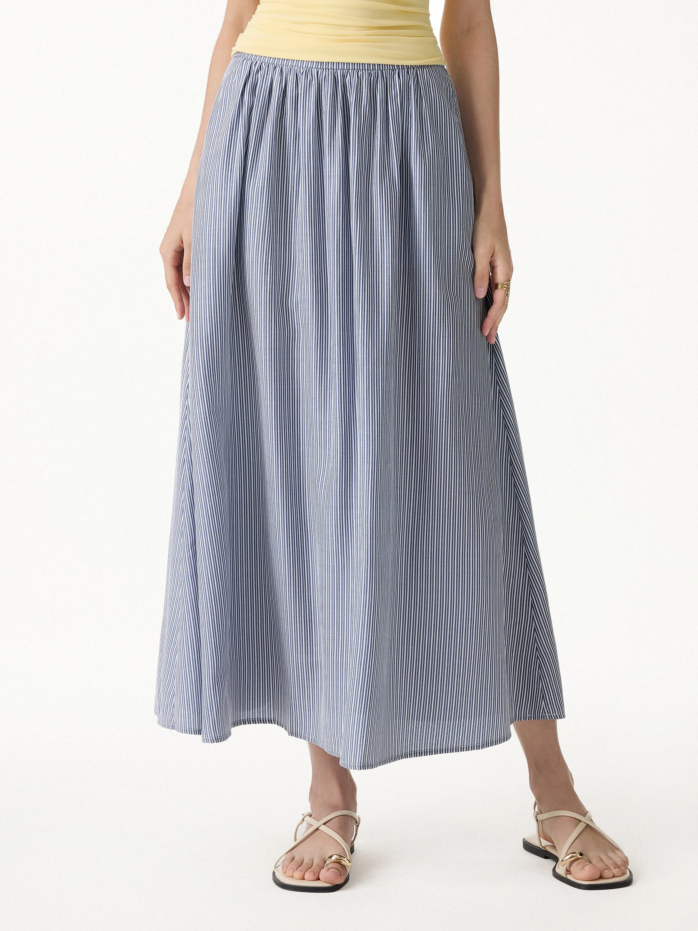 Striped Poplin High Rise Umbrella Midi Skirt with Pockets sold by OGLmove