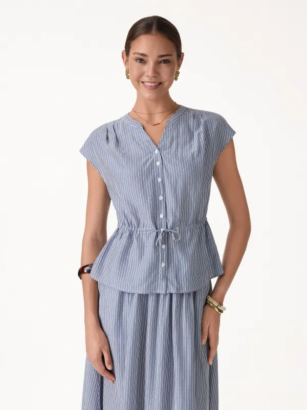 Notched V-Neck Drawstring Waist Poplin Shirt made by OGLmove