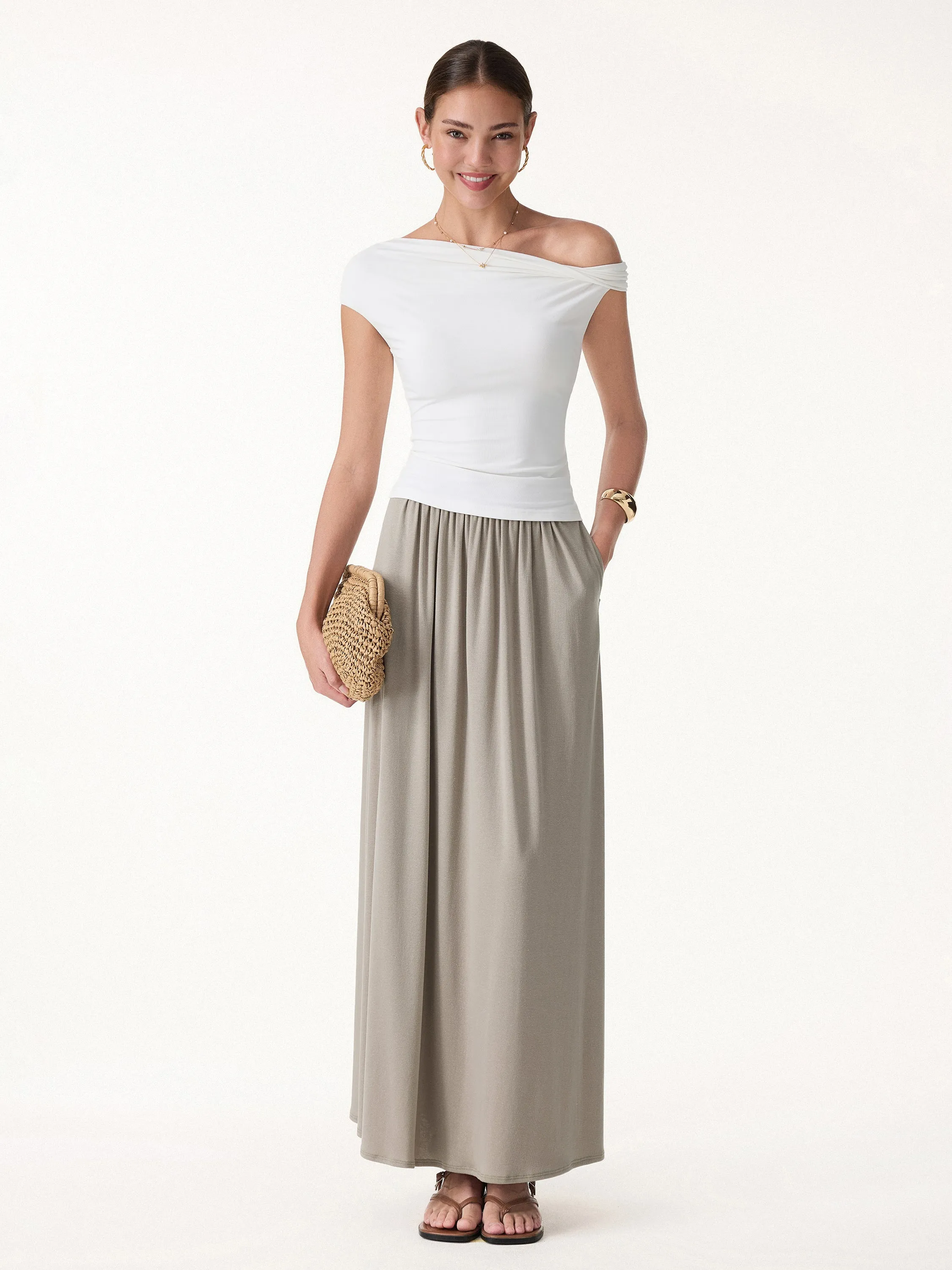 Linen Knit Gathered A-Line Maxi Skirt with Pockets sold by OGLmove product image thumbnail 3