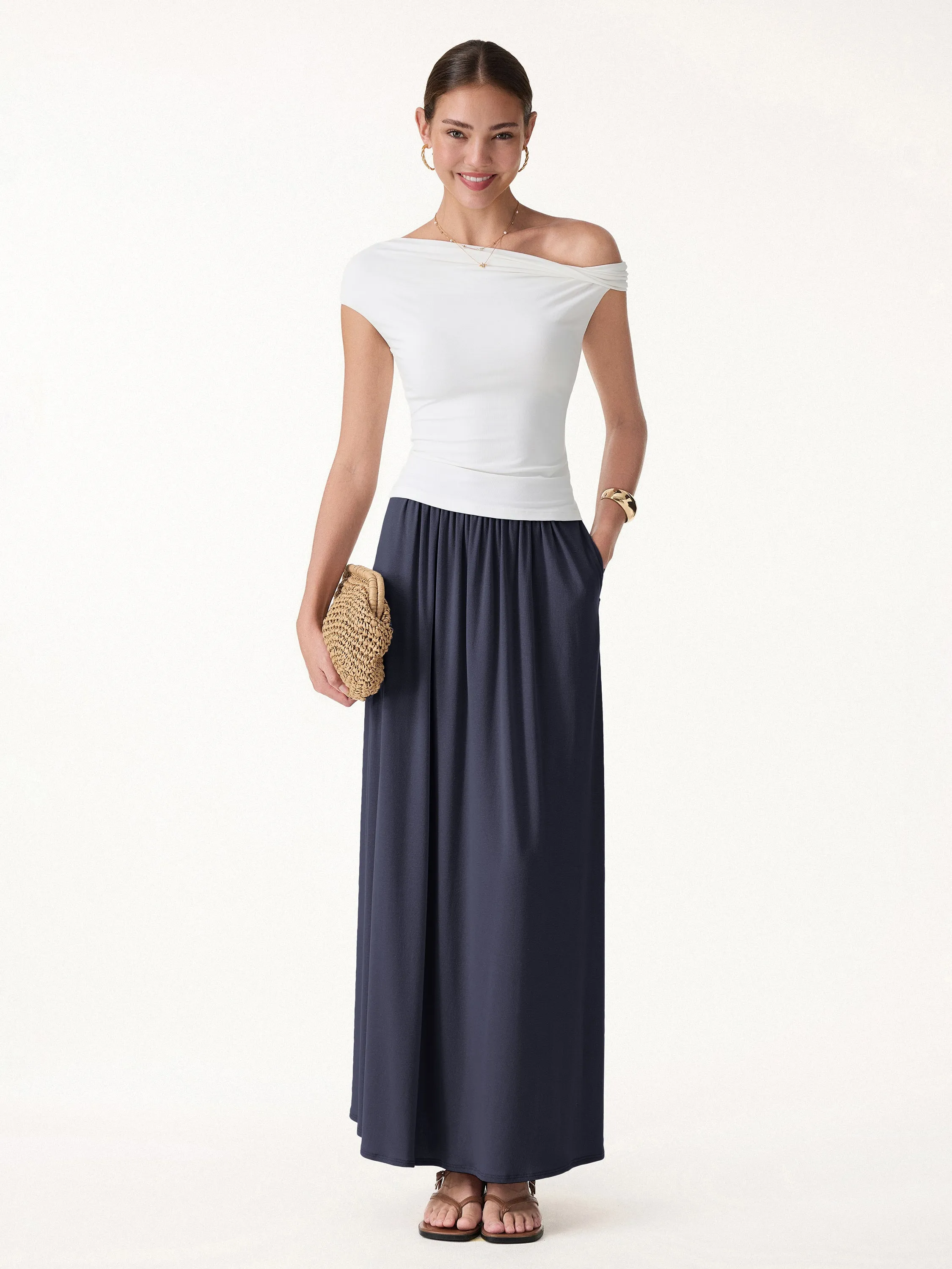Linen Knit Gathered A-Line Maxi Skirt with Pockets sold by OGLmove product image thumbnail 2