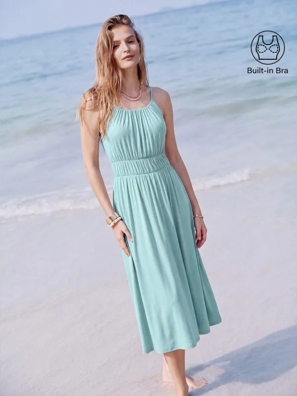 Gathered U-Neck Spaghetti Midi Bra Dress with Pockets made by OGLmove