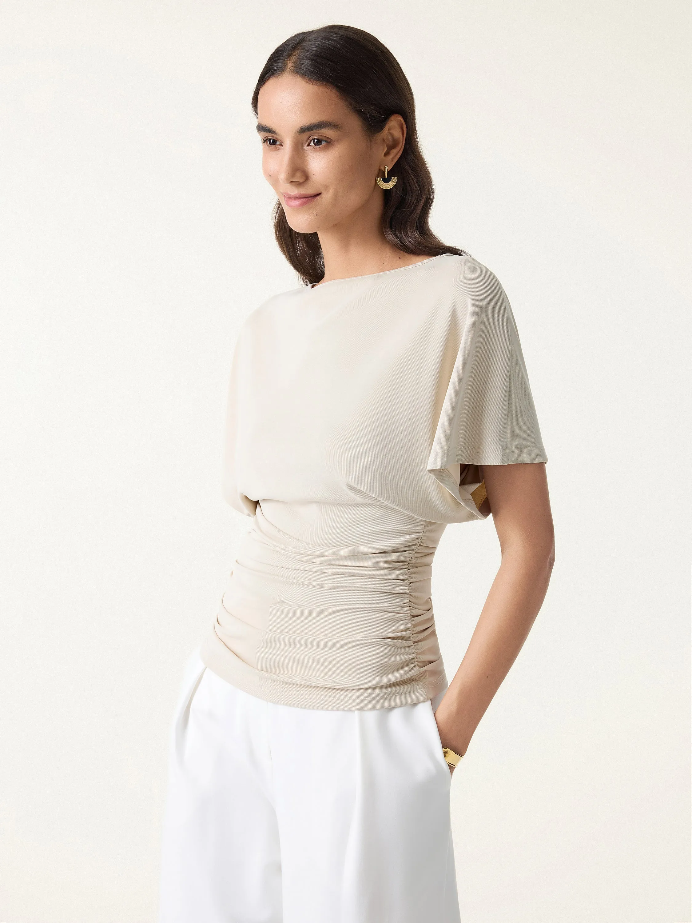 Boatneck Batwing Sleeve Side Ruched Top sold by OGLmove product image thumbnail 3