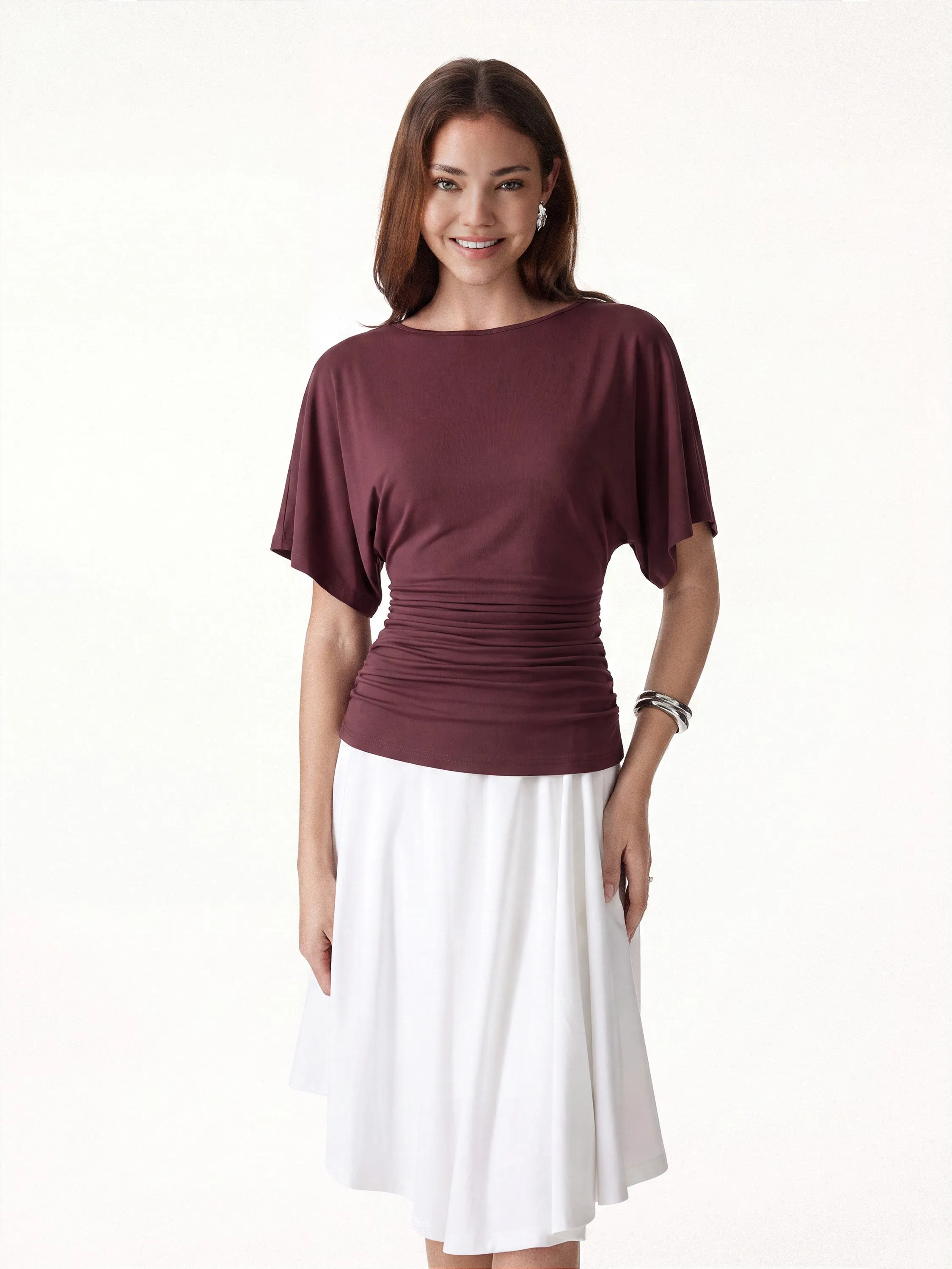 Boatneck Batwing Sleeve Side Ruched Top sold by OGLmove