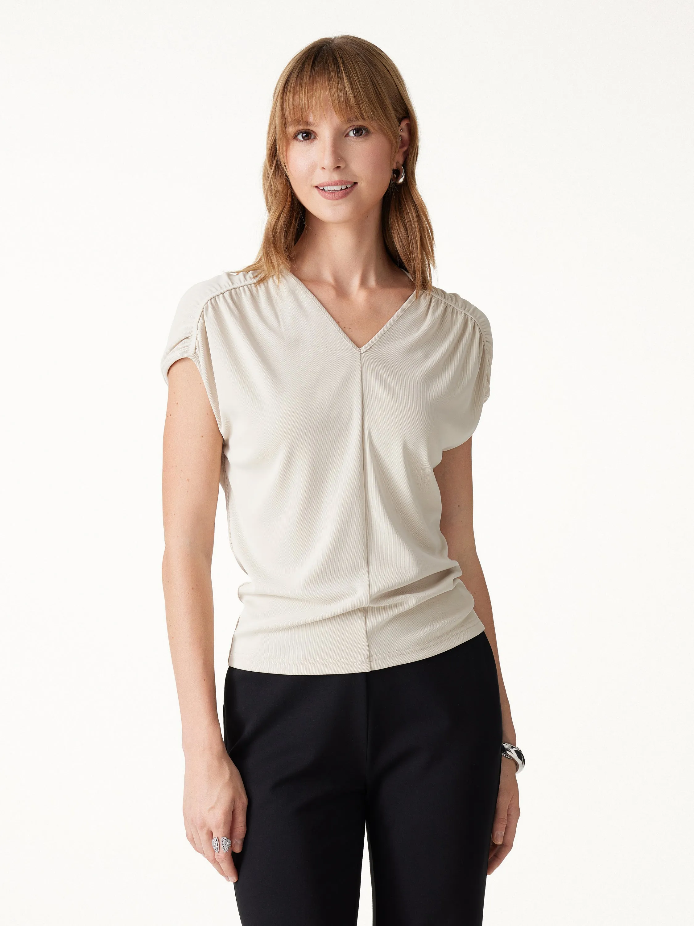 Modal Relaxed V-Neck Gathered Shoulder Top sold by OGLmove product image thumbnail 3