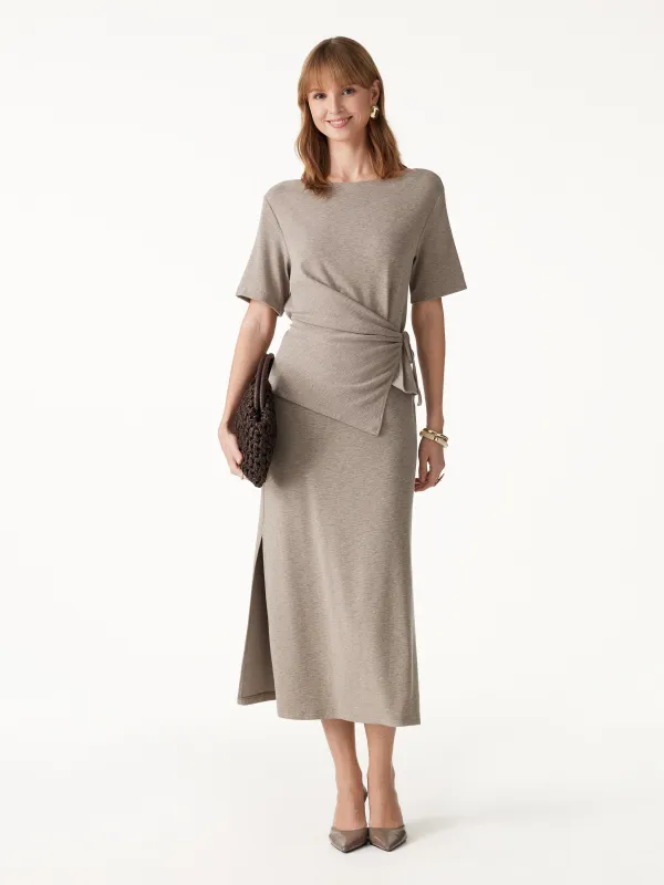 2Pcs Set Short Sleeve Tie-Side Top & Side-Slit A-Line Midi Skirt made by OGLmove