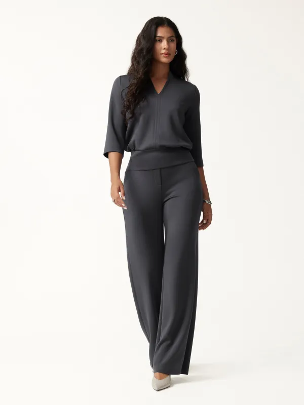 2Pcs Set V-Neck Elbow Sleeve Top & High-Rise Wide Leg Pants with Pockets made by OGLmove