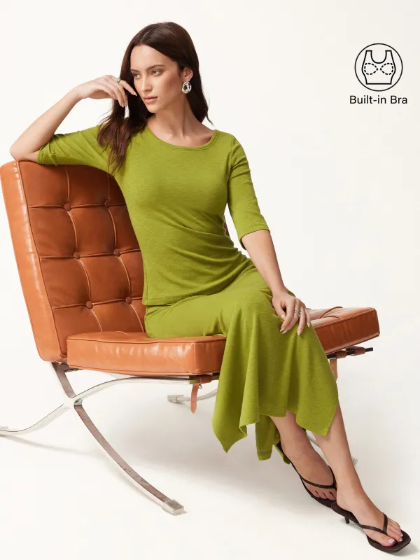 2Pcs Set Round Neck Elbow Sleeve Bra Top & Side-Slit A-Line Midi Skirt made by OGLmove