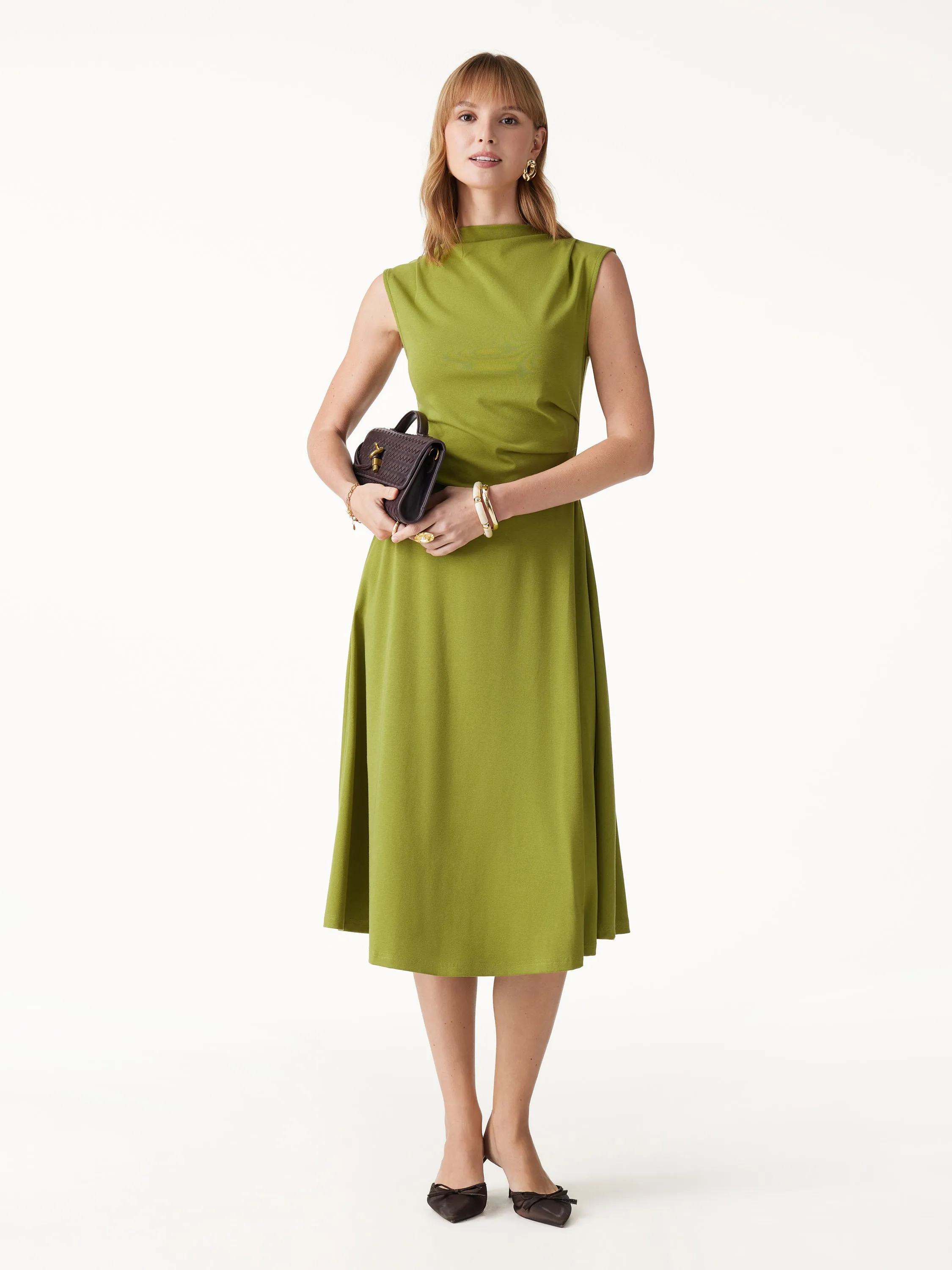 Viscose-Cotton Mock Neck Sleeveless Tucked Midi Dress sold by OGLmove product image thumbnail 2