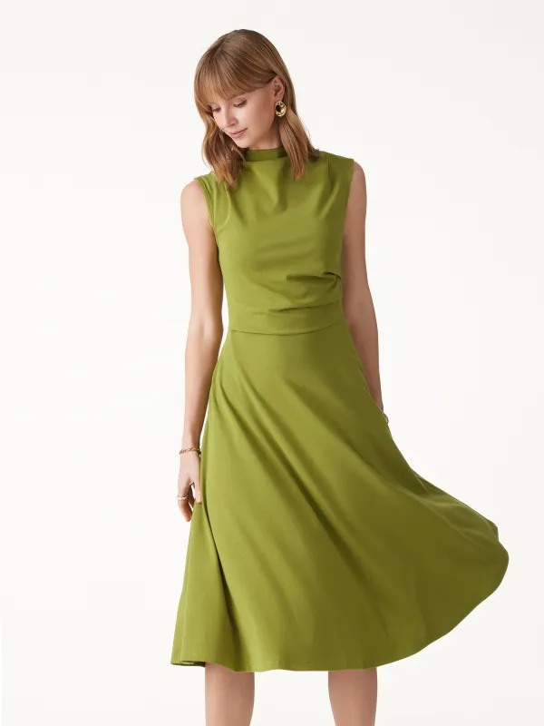 Viscose-Cotton Mock Neck Sleeveless Tucked Midi Dress made by OGLmove