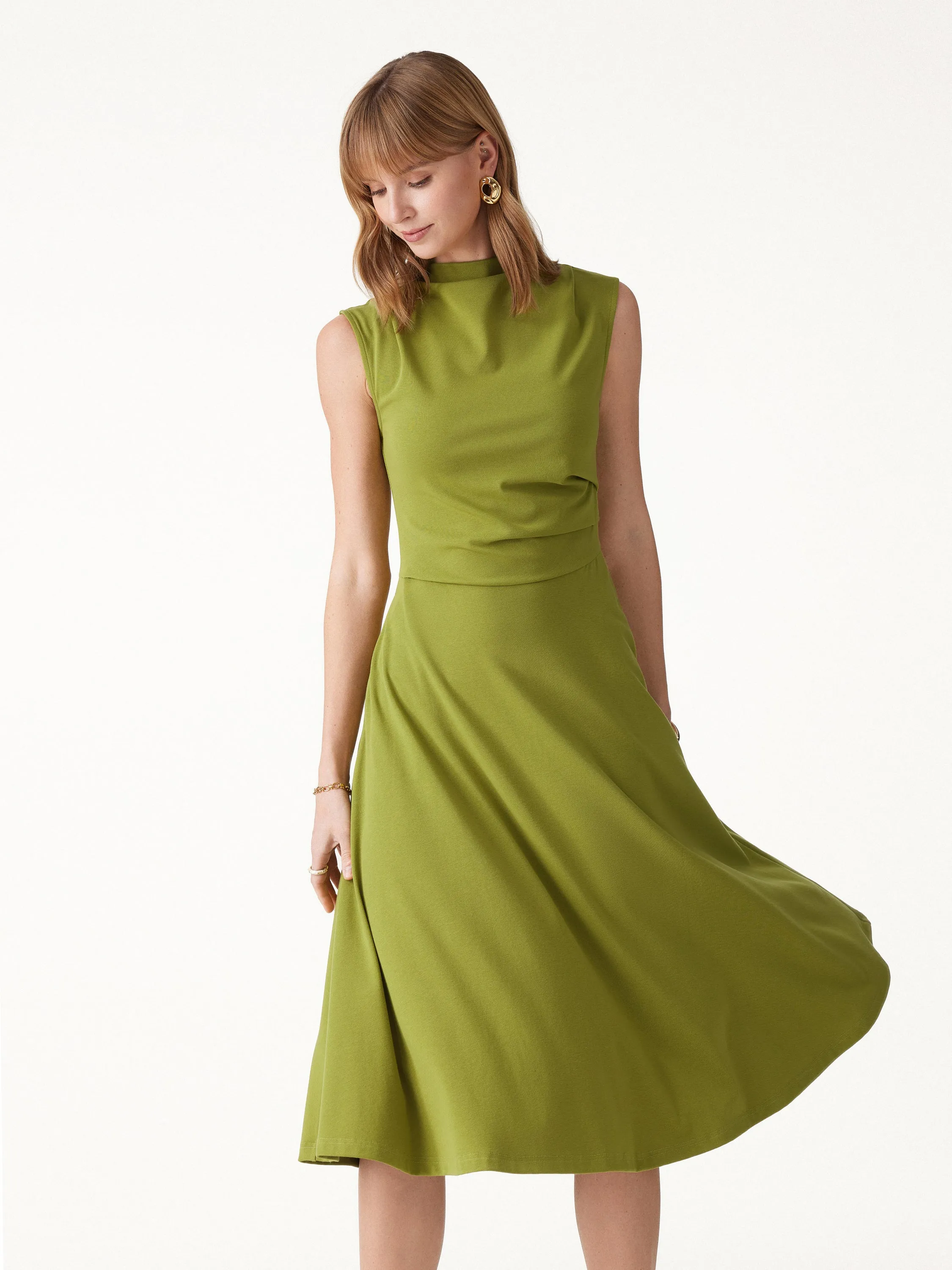 Viscose-Cotton Mock Neck Sleeveless Tucked Midi Dress sold by OGLmove