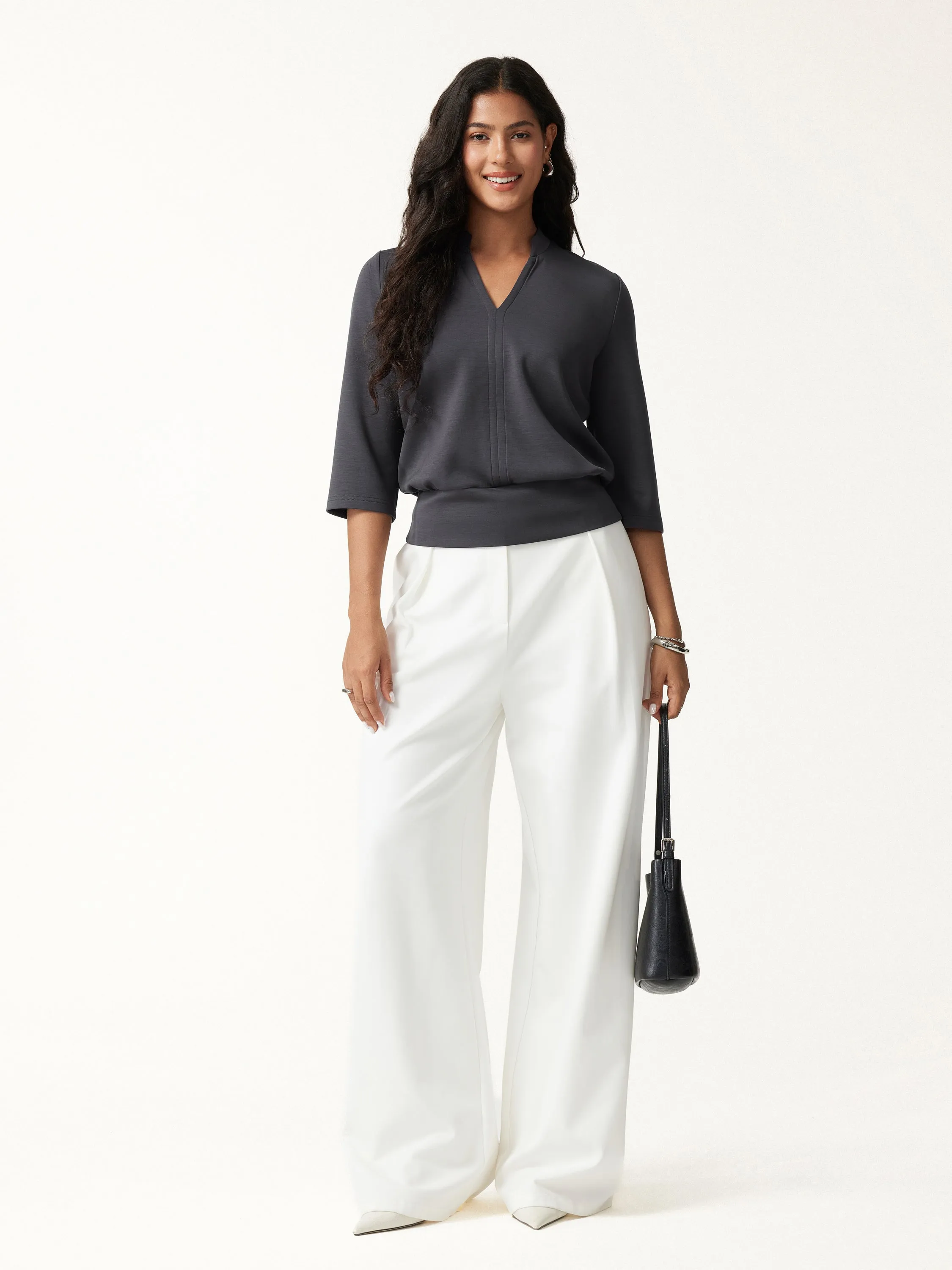 Lyocell Spacer Knit V-Neck Elbow Sleeve Banded Hem Top sold by OGLmove product image thumbnail 2