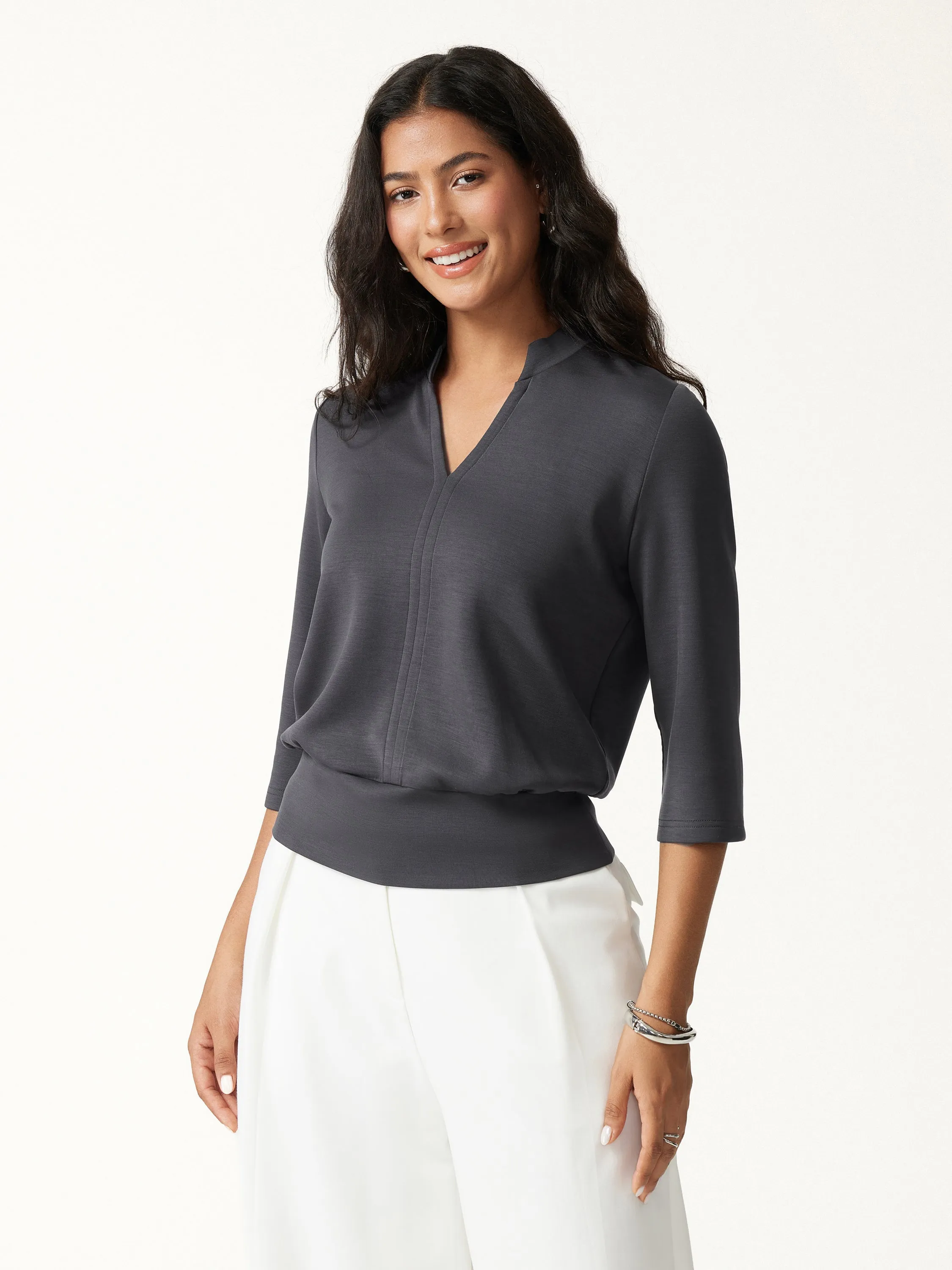 Lyocell Spacer Knit V-Neck Elbow Sleeve Banded Hem Top sold by OGLmove product image thumbnail 3