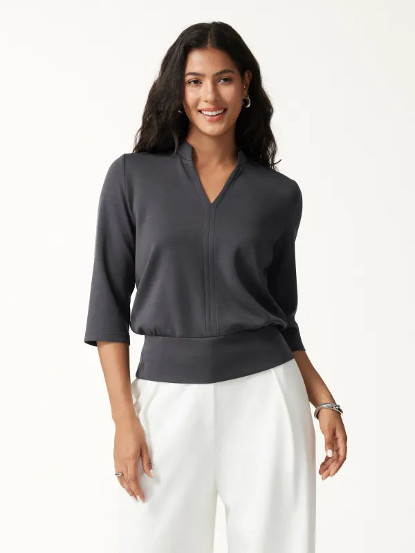 Lyocell Spacer Knit V-Neck Elbow Sleeve Banded Hem Top made by OGLmove