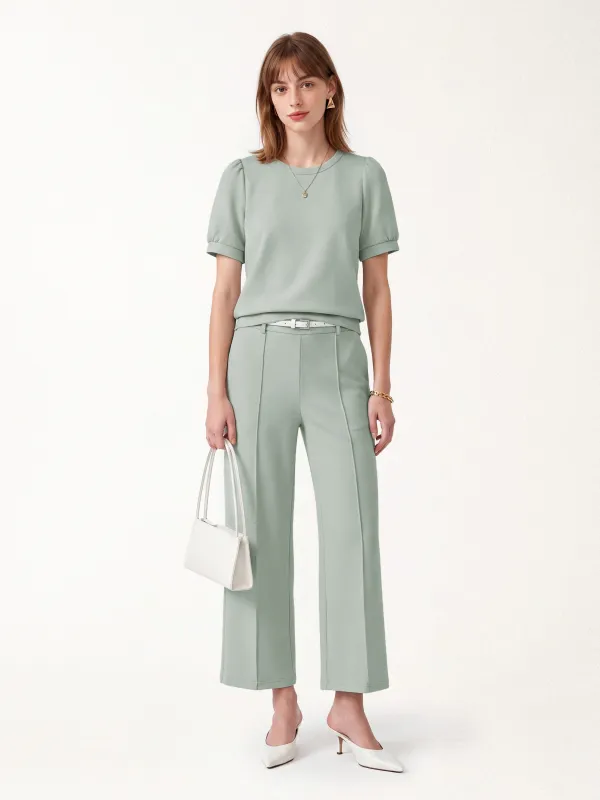 2Pcs Set Round Neck Puffed Short Sleeve Top & Cropped Straight-Leg Pants with Pockets made by OGLmove
