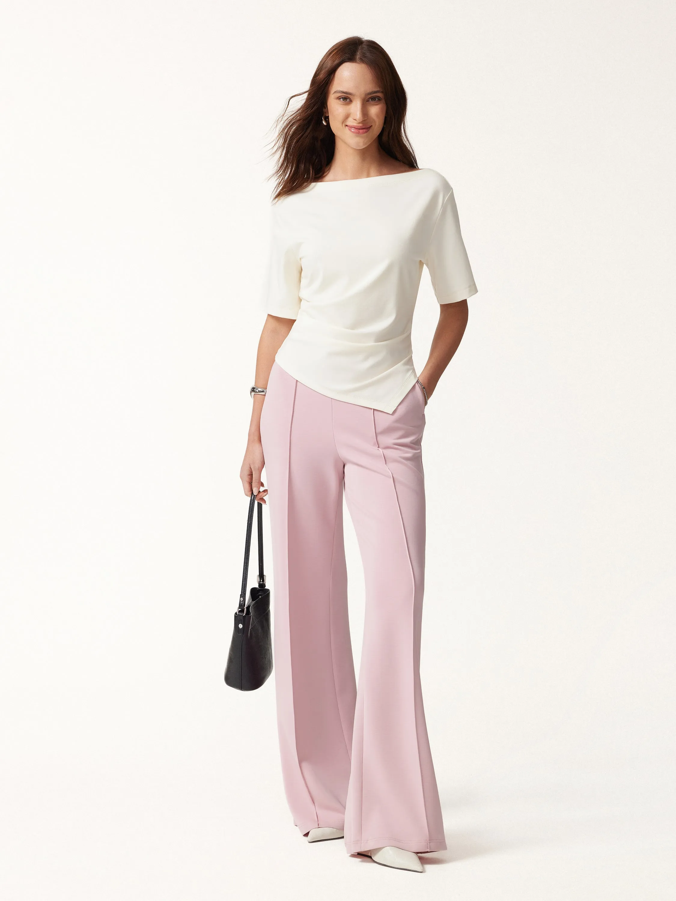 Cotton Blend Boatneck Elbow Sleeve Asymmetrical Tucked Top sold by OGLmove product image thumbnail 2
