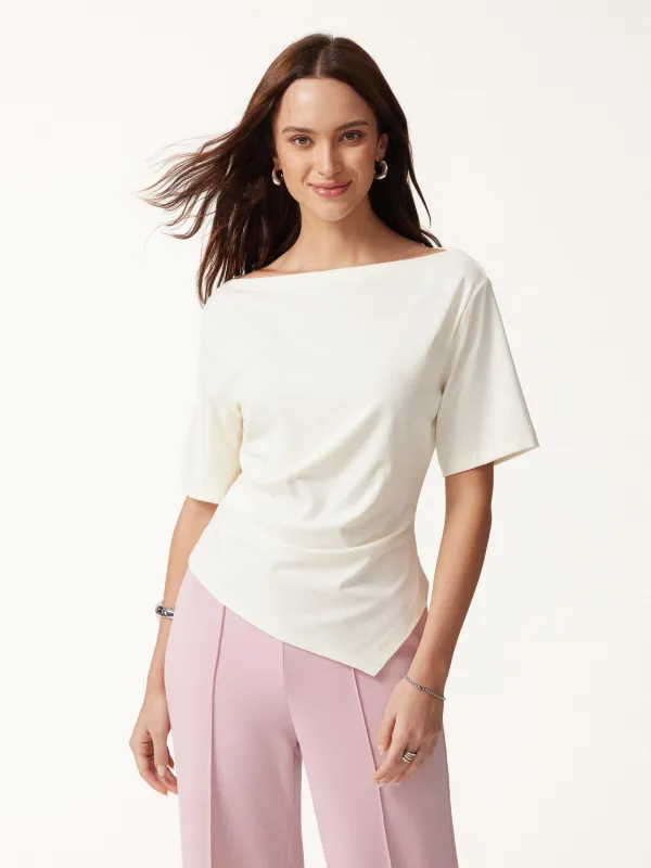 Cotton Blend Boatneck Elbow Sleeve Asymmetrical Tucked Top made by OGLmove