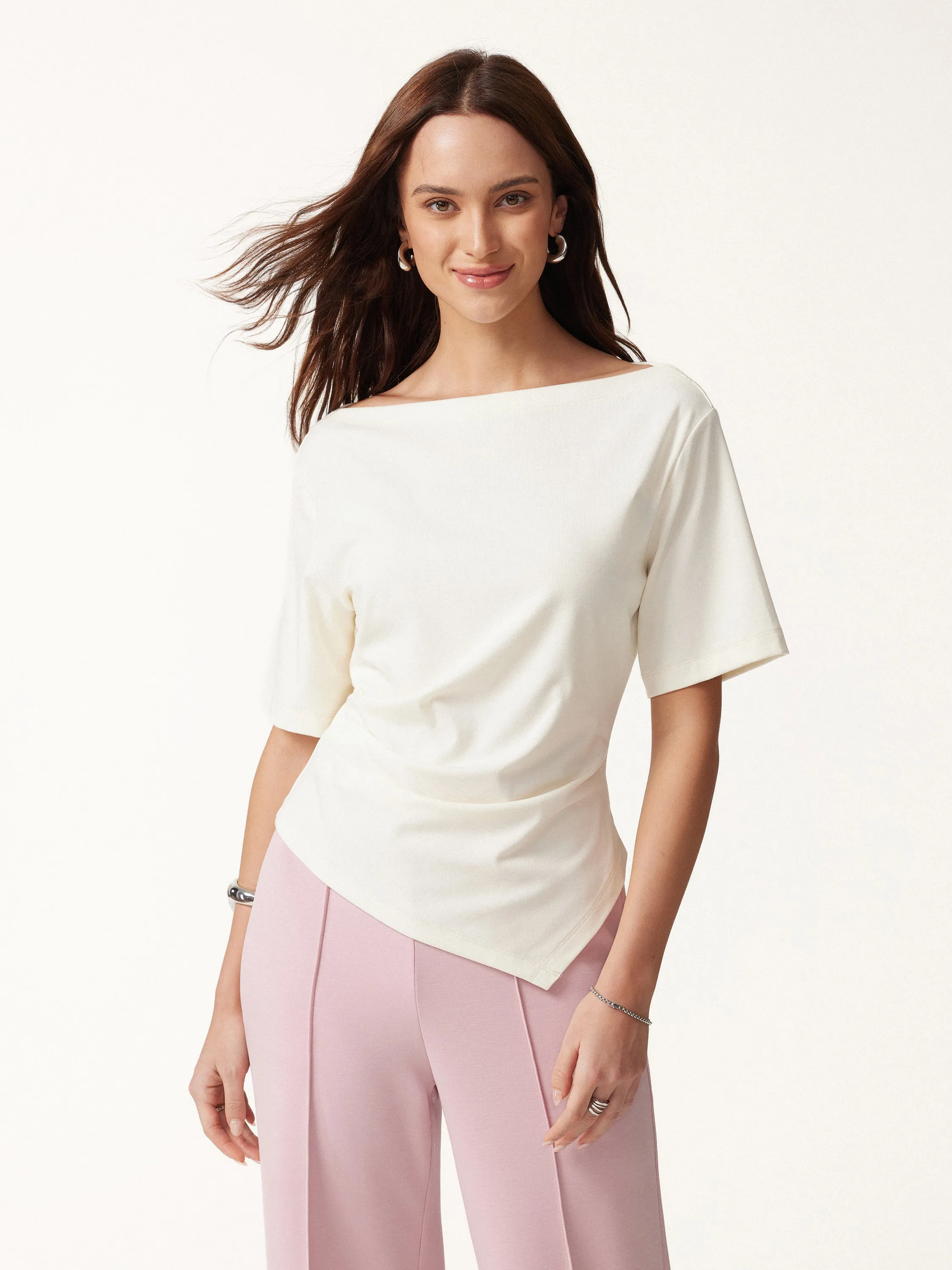 Cotton Blend Boatneck Elbow Sleeve Asymmetrical Tucked Top sold by OGLmove