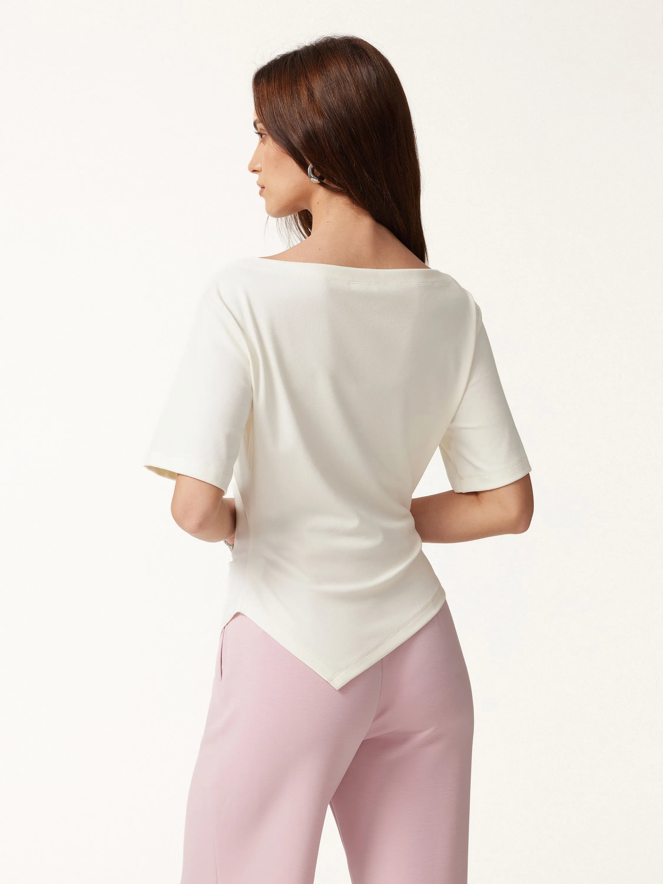 Cotton Blend Boatneck Elbow Sleeve Asymmetrical Tucked Top sold by OGLmove product image thumbnail 4