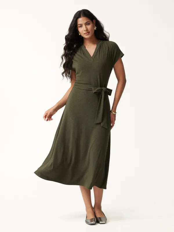 V-Neck Short Sleeve Belted Midi Dress made by OGLmove