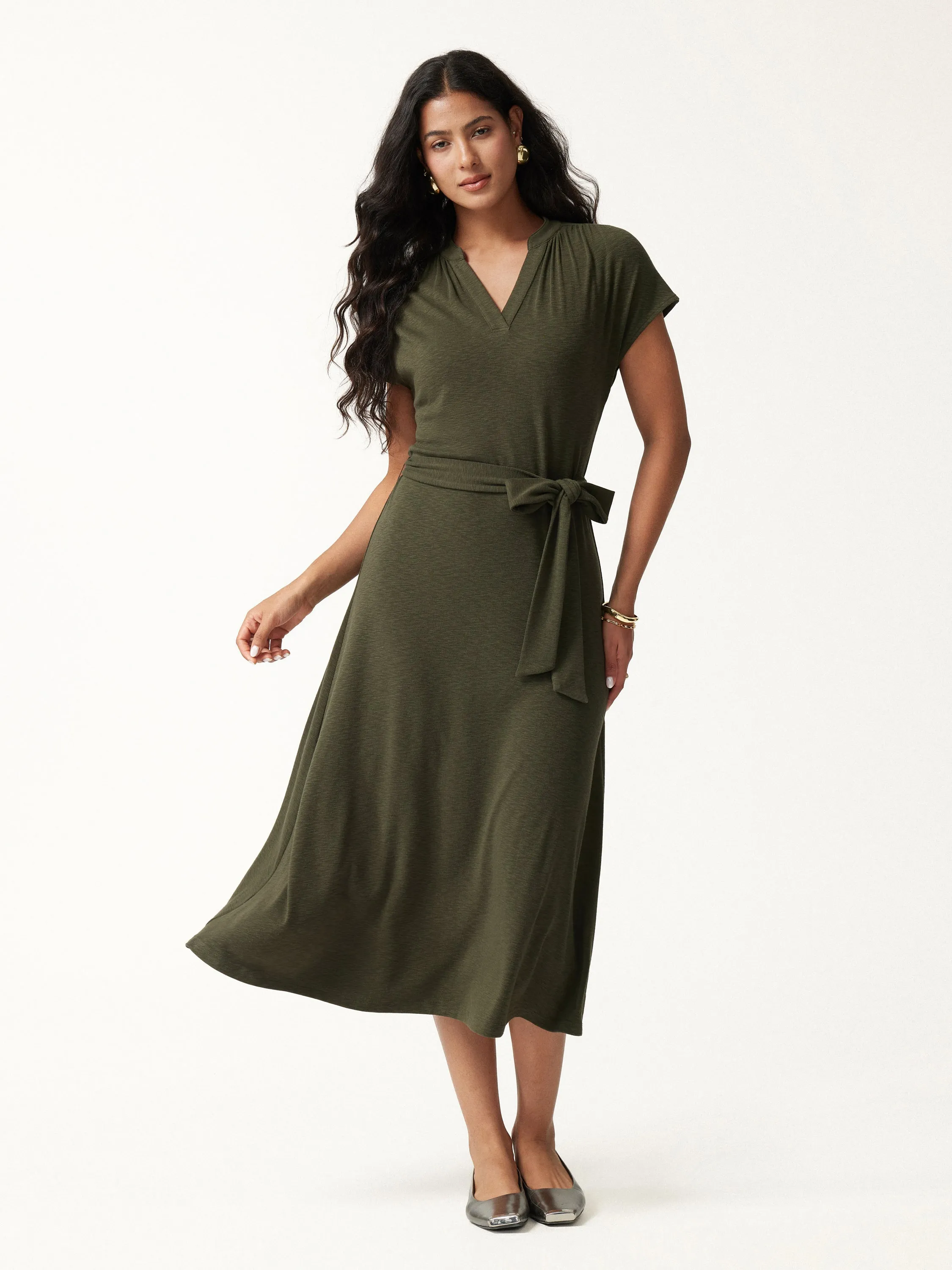 V-Neck Short Sleeve Belted Midi Dress sold by OGLmove
