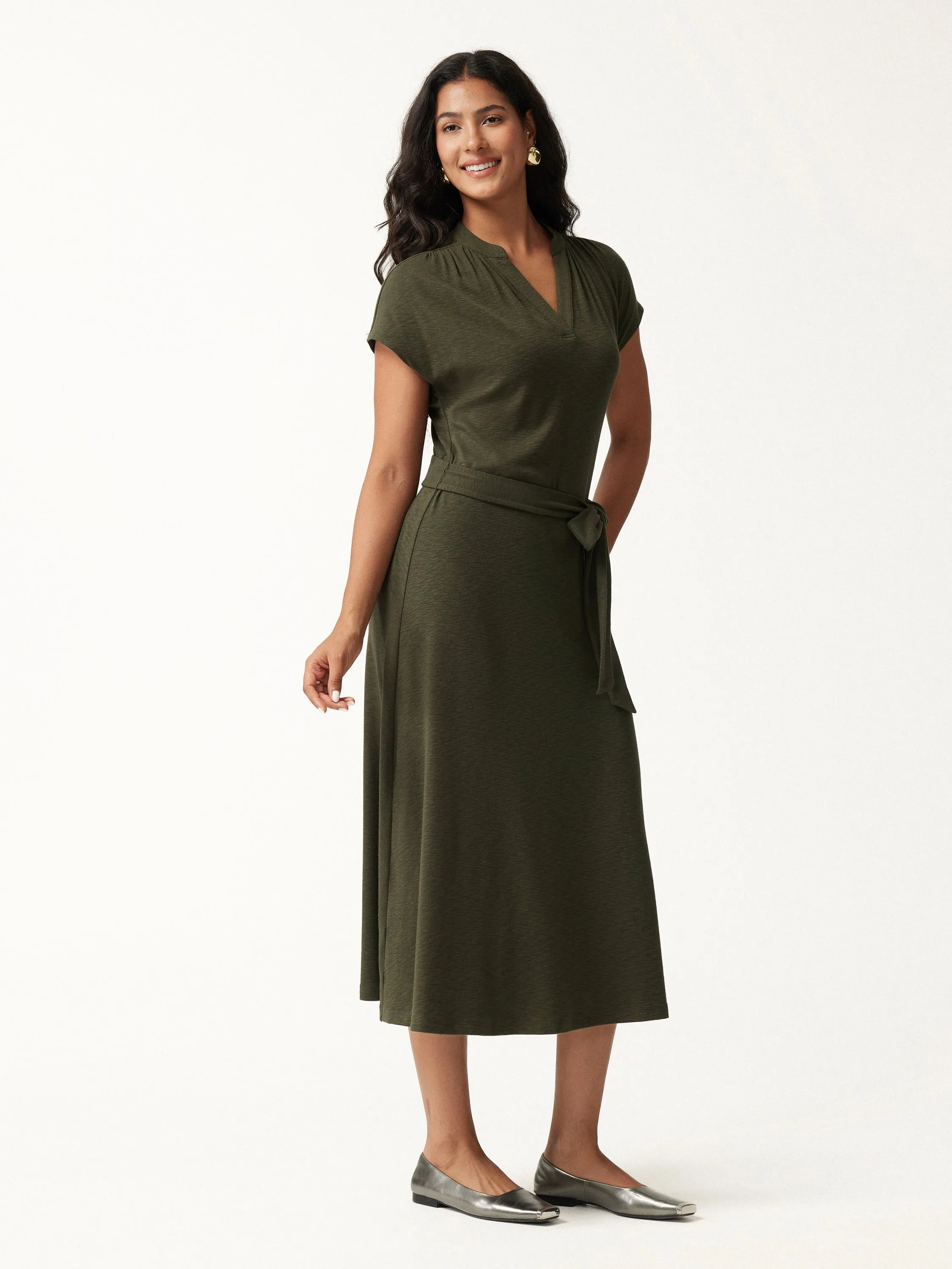 V-Neck Short Sleeve Belted Midi Dress sold by OGLmove product image thumbnail 2