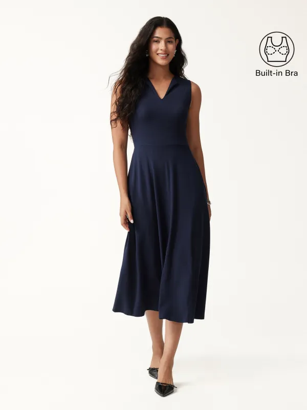 Ribbed Collared V-Neck Sleeveless A-Line Midi Built-In Bra Dress 2.0 with Pockets made by OGLmove