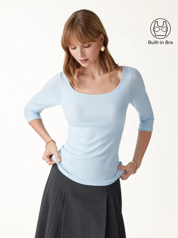 Lyocell-Wool Knit Scoop Neck 3/4 Sleeve Open-Back Bra Top made by OGLmove