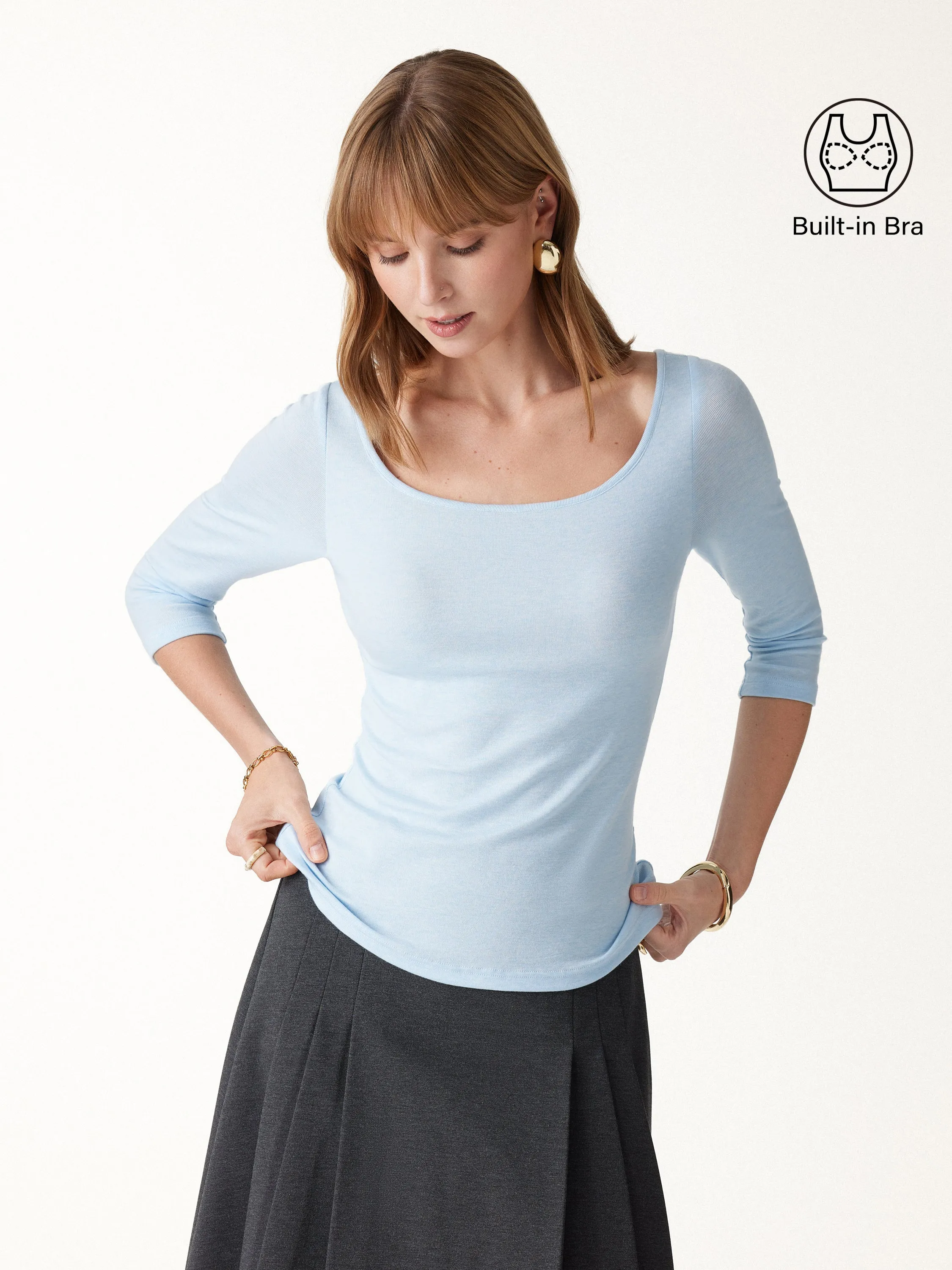 Lyocell-Wool Knit Scoop Neck 3/4 Sleeve Open-Back Bra Top sold by OGLmove