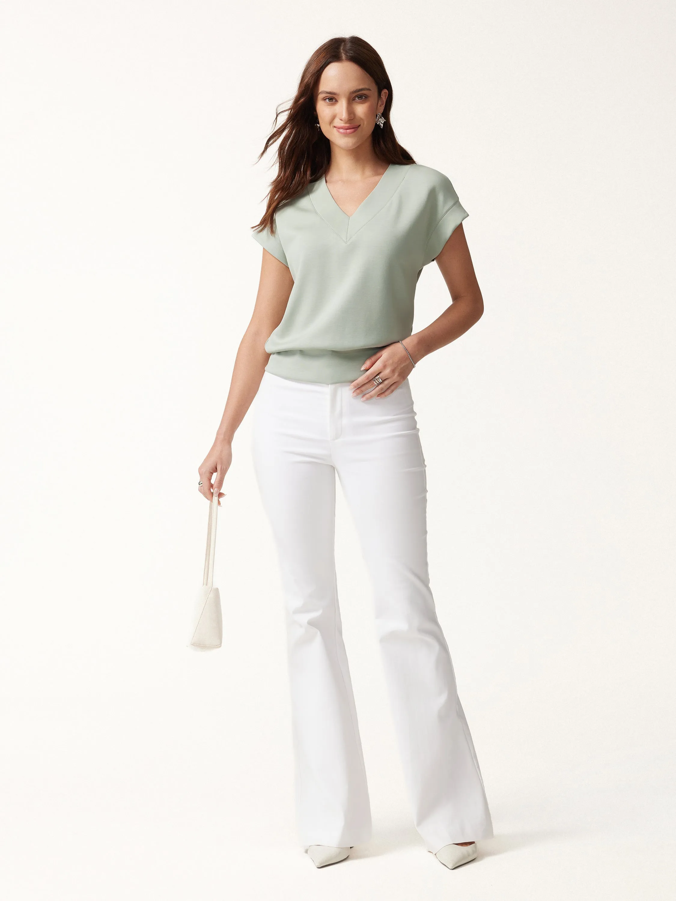Lyocell Spacer Knit V-Neck Short Sleeve Banded Hem Top sold by OGLmove product image thumbnail 2