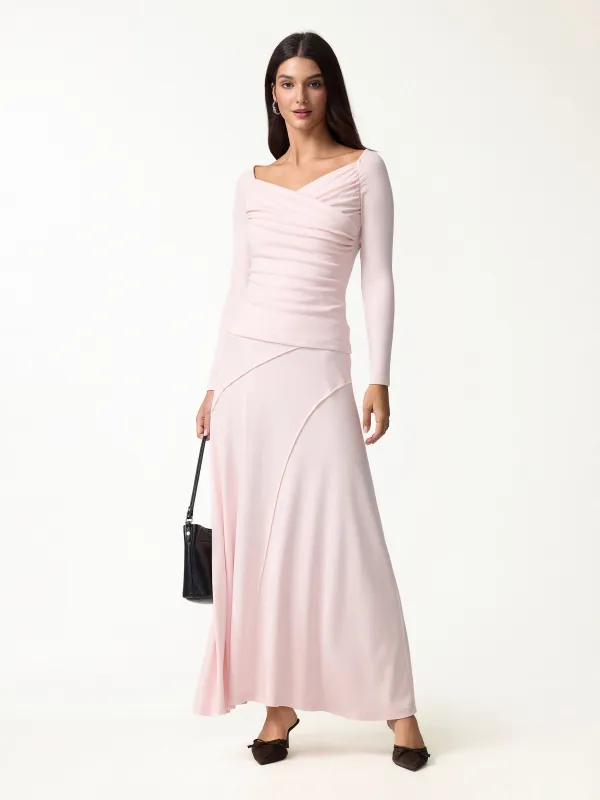 2Pcs Set Surplice Long Sleeve Ruched Top & A-Line Midi Skirt made by OGLmove