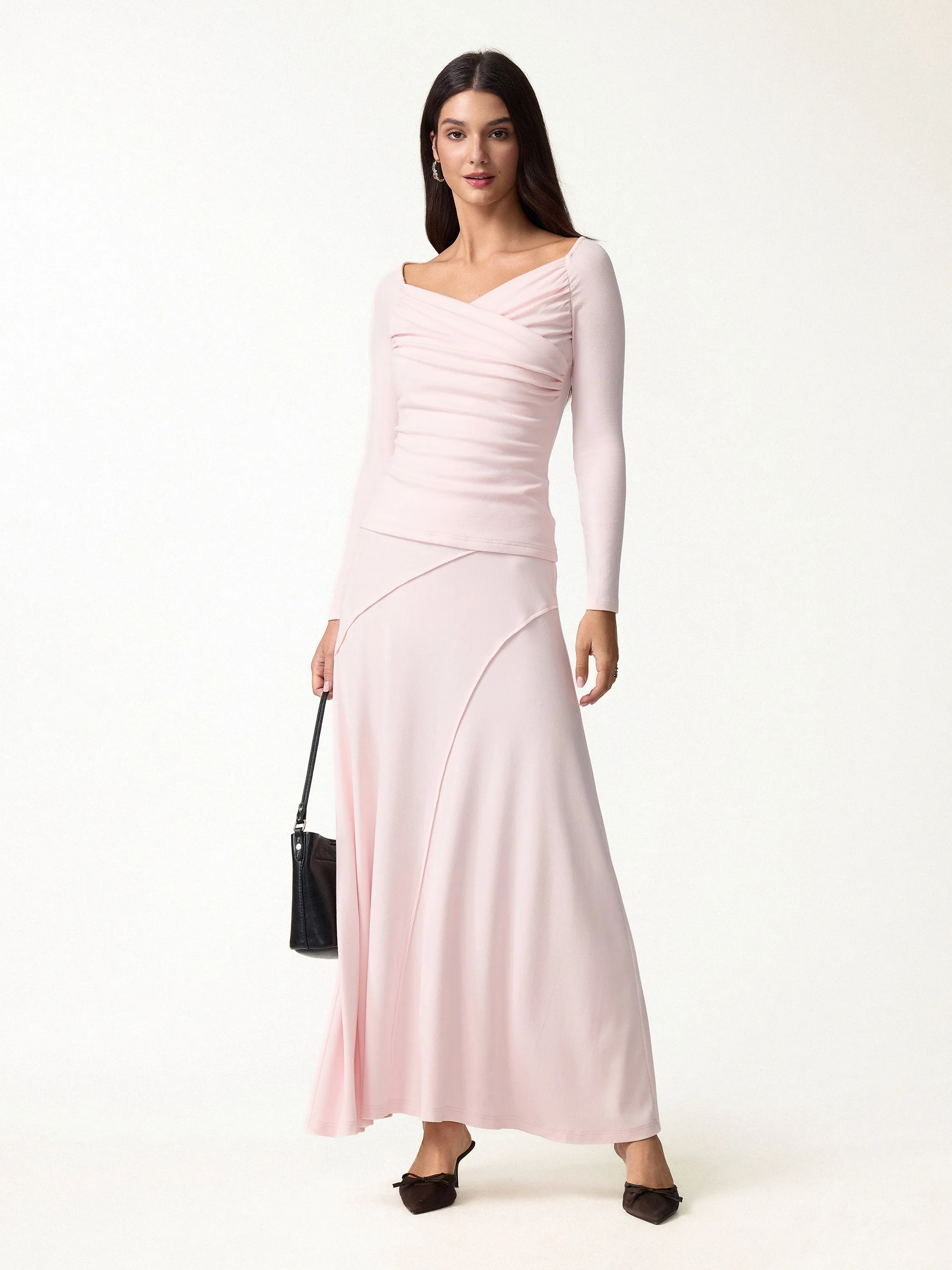 2Pcs Set LiteWarm Surplice Long Sleeve Ruched Top & A-Line Midi Skirt sold by OGLmove
