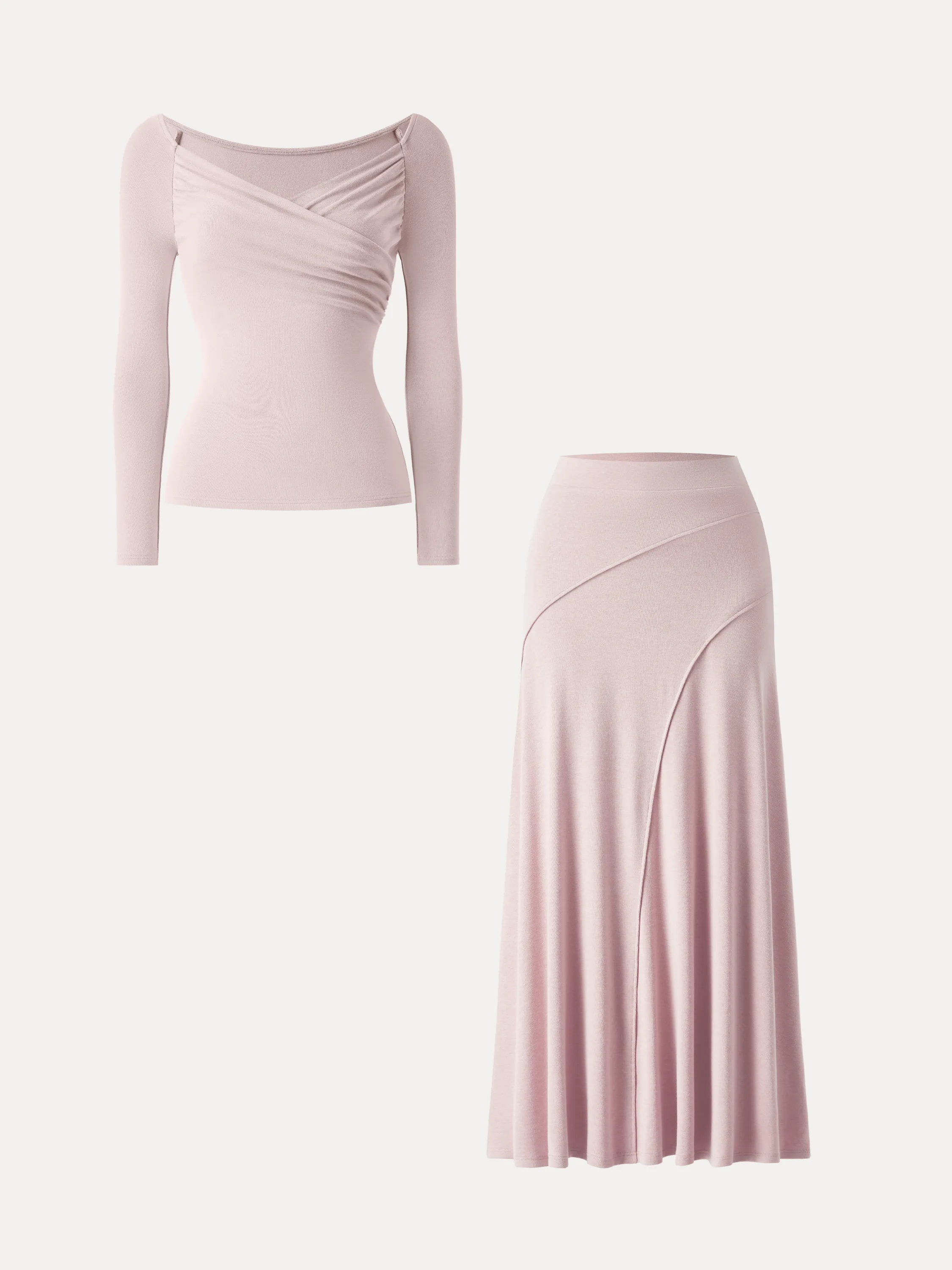 2Pcs Set LiteWarm Surplice Long Sleeve Ruched Top & A-Line Midi Skirt sold by OGLmove product image thumbnail 2