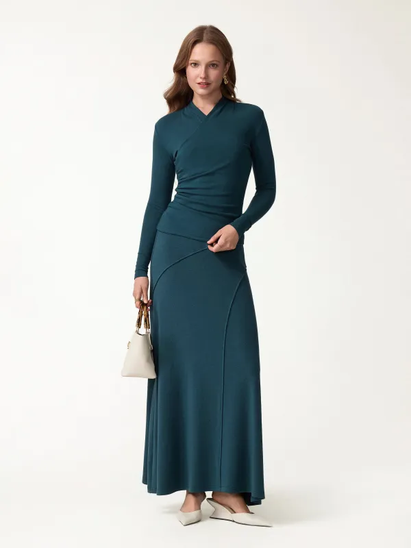 2Pcs Set Surplice Long Sleeve Top & A-Line Midi Skirt made by OGLmove