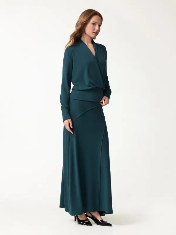 2Pcs Set Surplice Long Sleeve Banded Hem Top & A-Line Midi Skirt made by OGLmove