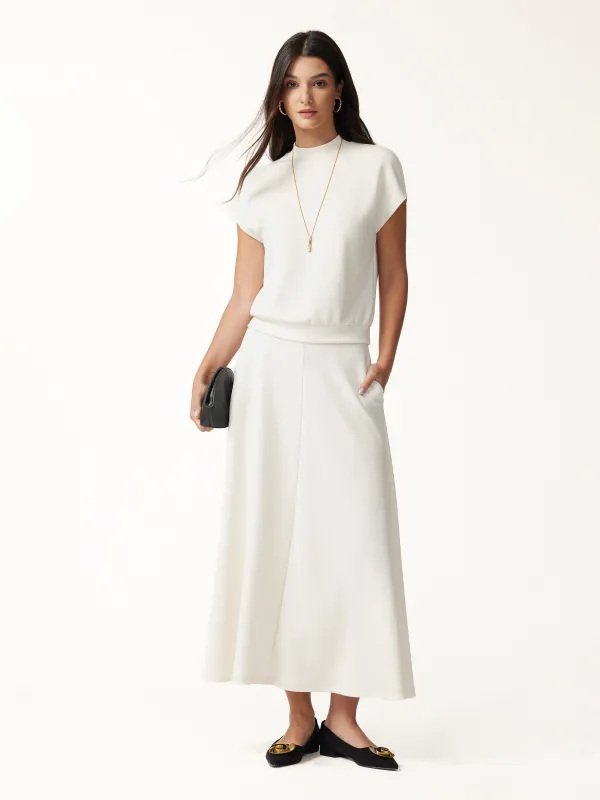 2Pcs Set Mock Neck Cap Sleeve Top & Umbrella Midi Skirt with Pockets made by OGLmove