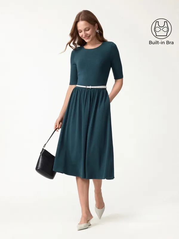 Eco-Mousse® Round Neck Elbow Sleeve Fit-and-Flare Midi Bra Dress with Pockets made by OGLmove