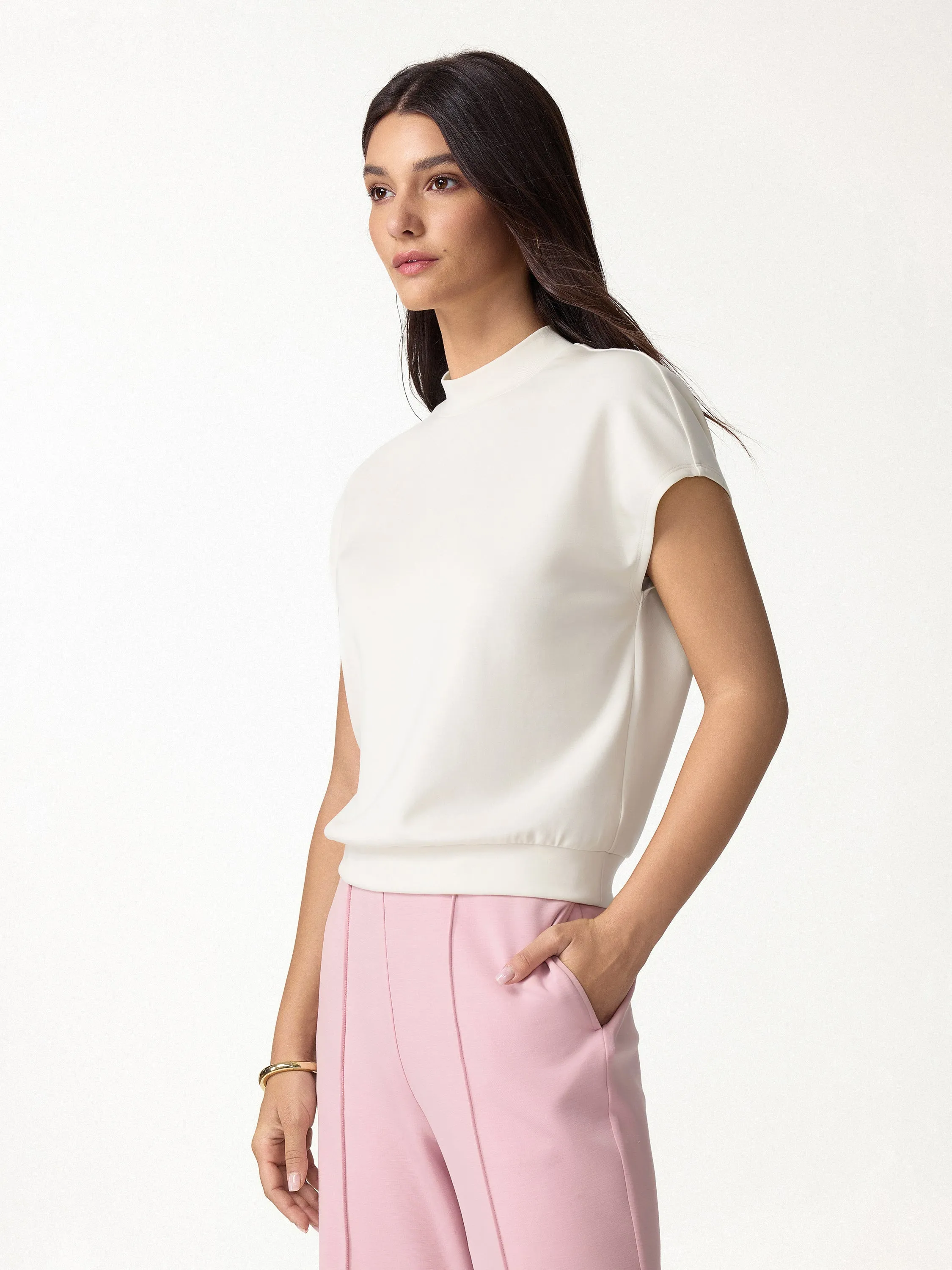 Modal Spacer Knit Mock Neck Cap Sleeve Banded Hem Top sold by OGLmove product image thumbnail 3