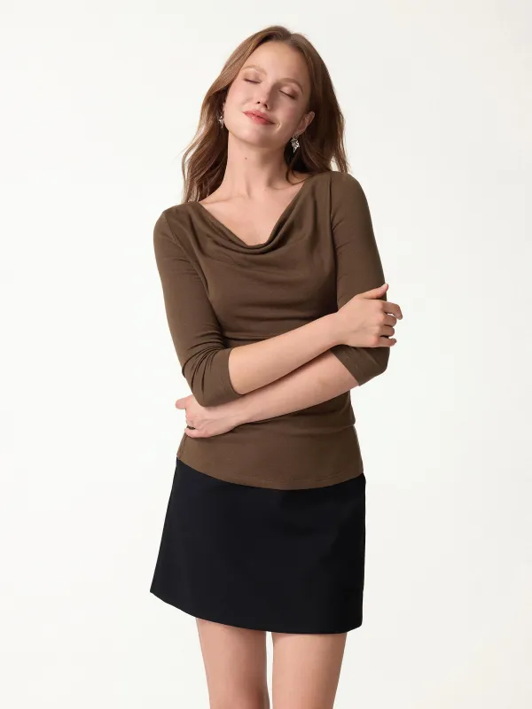 Lyocell-Wool Cowl Neck 3/4 Sleeve Ruched Cuff Top made by OGLmove