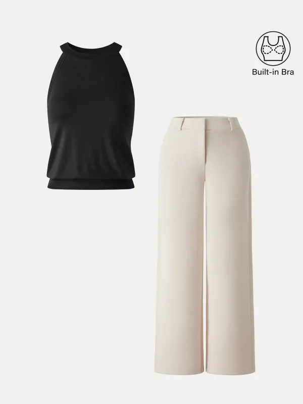 2Pcs Set Halter Neck Bra Top & Mid Rise Fly-Front Wide Leg Trousers made by OGLmove
