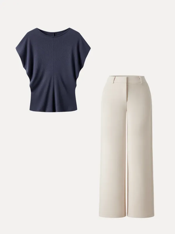 2Pcs Set Round Neck Relaxed Top & Mid Rise Fly-Front Wide Leg Trousers made by OGLmove