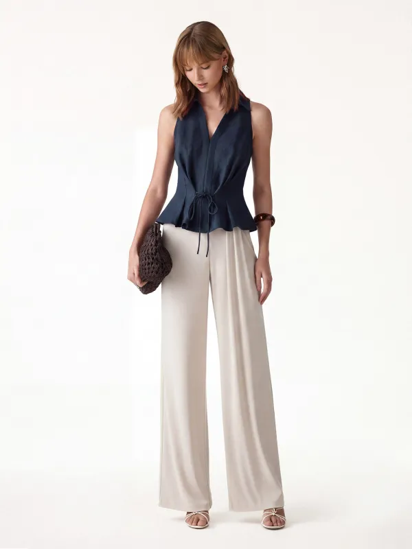 2Pcs Set Collared V-neck Top & Mid-Rise Wide-Leg Lounge Pants made by OGLmove