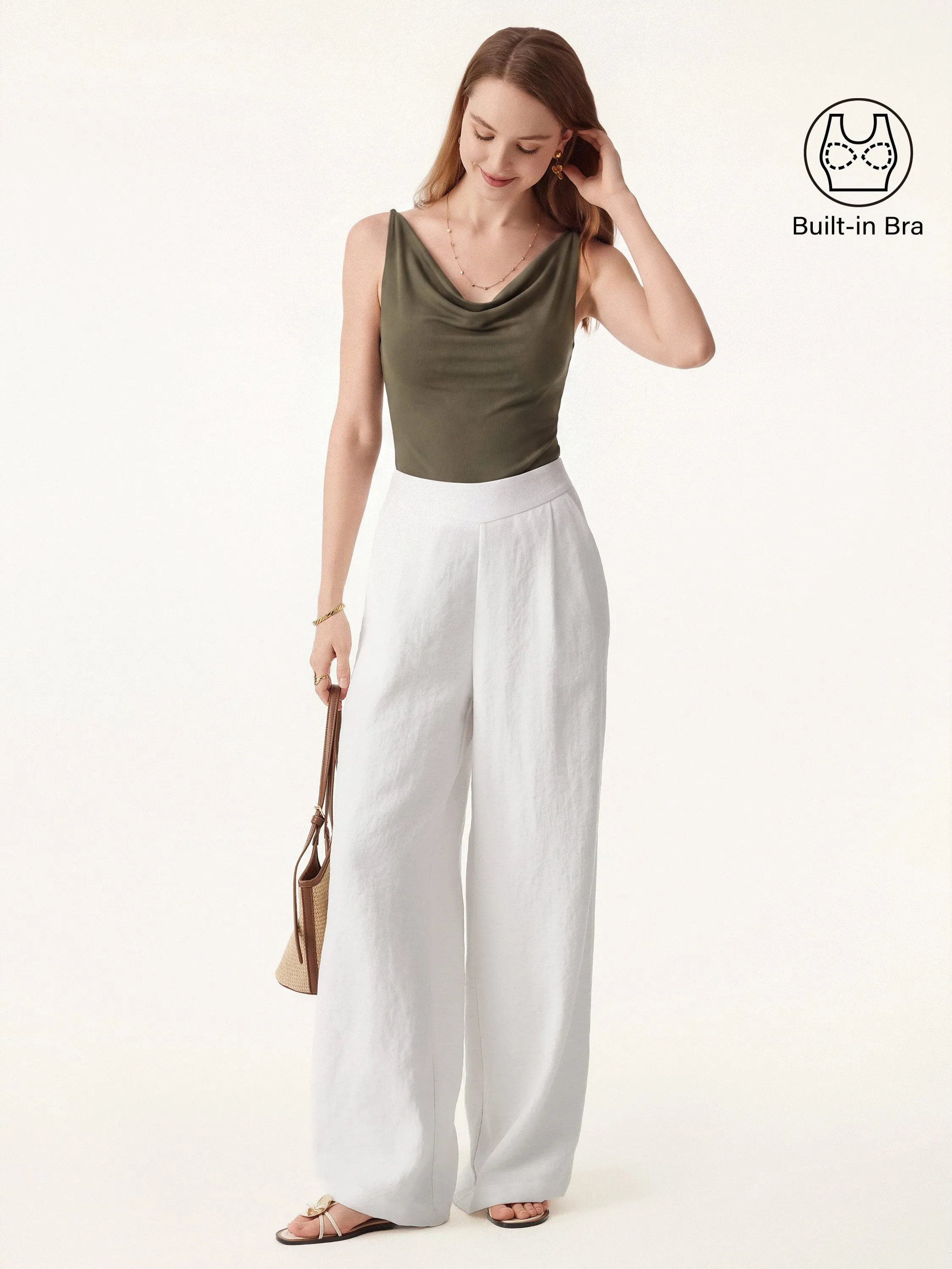 2Pcs Set Cowl Neck Bra Tank & Mid Rise Wide Leg Pant with Pockets sold by OGLmove