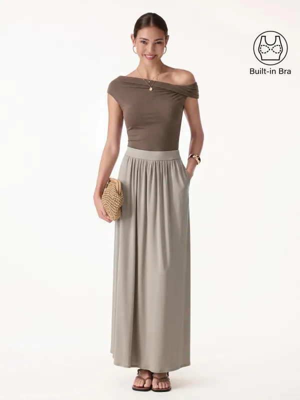 2Pcs Set Multi-wear Necklines Bra Top & Gathered A-Line Maxi Skirt with Pockets made by OGLmove
