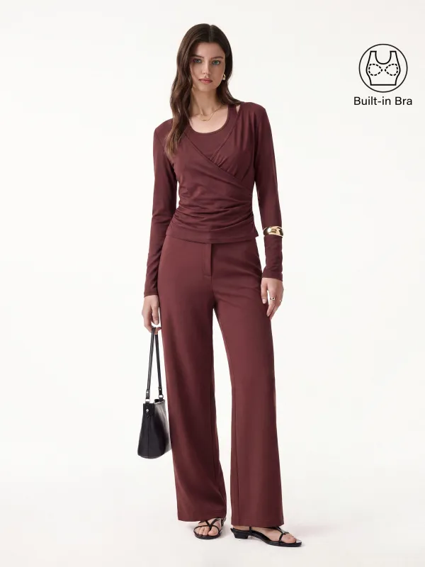 2Pcs Set Cami with Surplice Ruched Top & Mid Rise Fly-Front Wide Leg Trouser made by OGLmove
