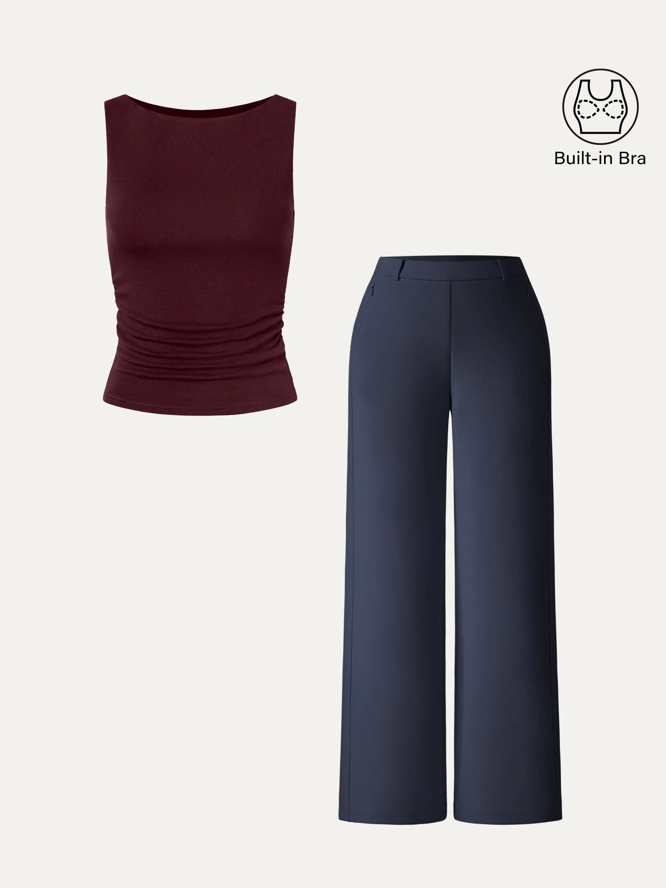 2Pcs Set Boat-Neck Tank Top & Slimming High Rise Wide Leg Pant sold by OGLmove product image thumbnail 2
