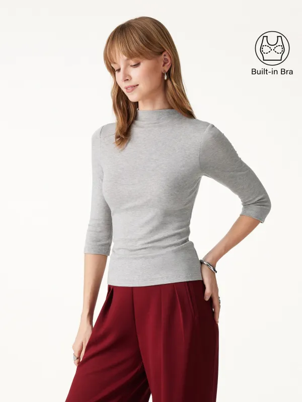 Lyocell-Wool Knit Mock Neck 3/4 Sleeve Bra Top made by OGLmove