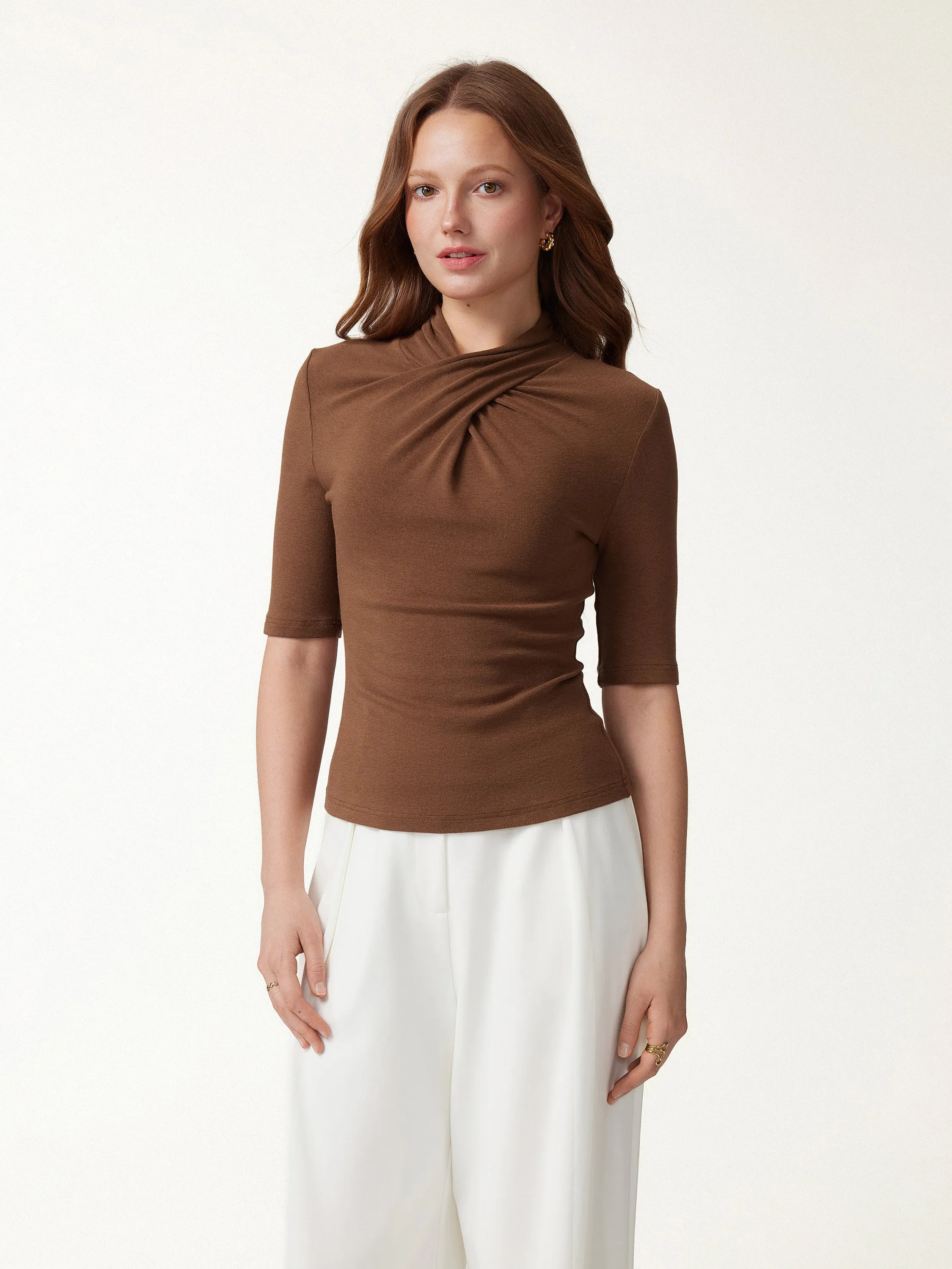 Crisscross Mock Neck Elbow Sleeve Ruched Top sold by OGLmove product image thumbnail 3