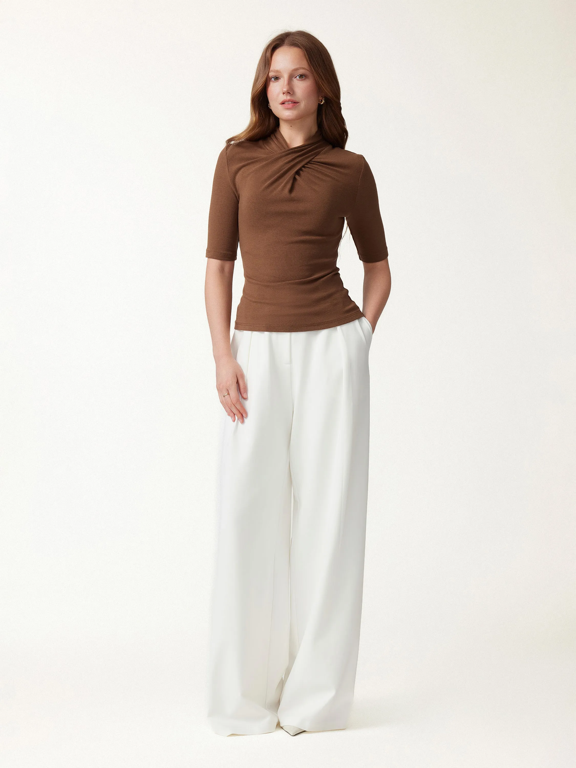 Crisscross Mock Neck Elbow Sleeve Ruched Top sold by OGLmove product image thumbnail 2